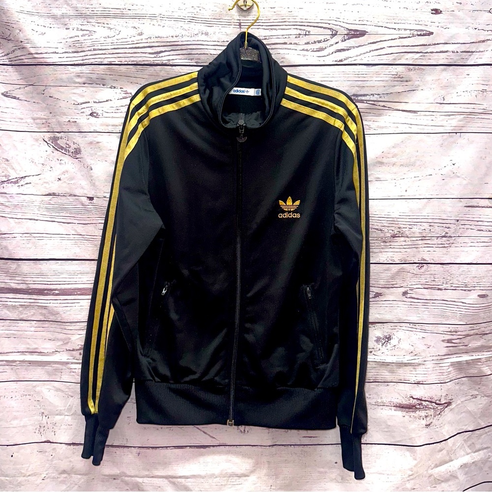 Woman's Adidas Track Jacket Black & Gold Size Medium